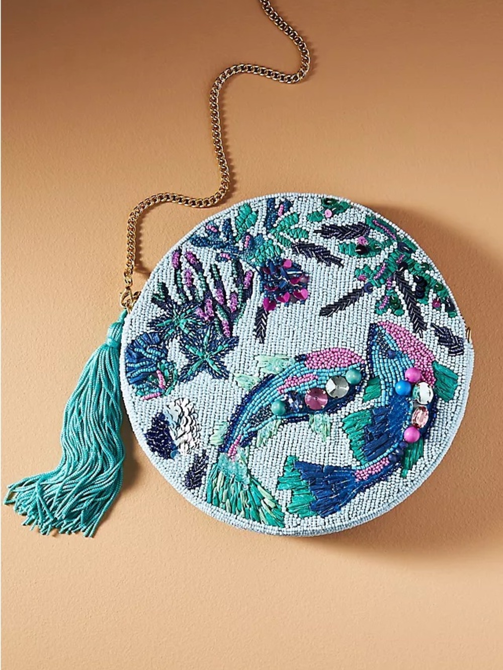 Anthropologie under the sea Beaded Koi Round Crossbody Bag in Teal Multi